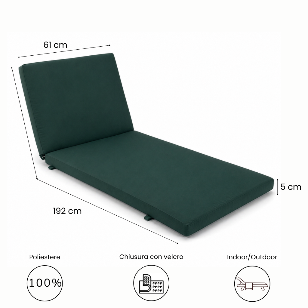 Cuscino per lettino da esterno 192x61 cm con schienale reclinabile e velcro in poliestere – Verde