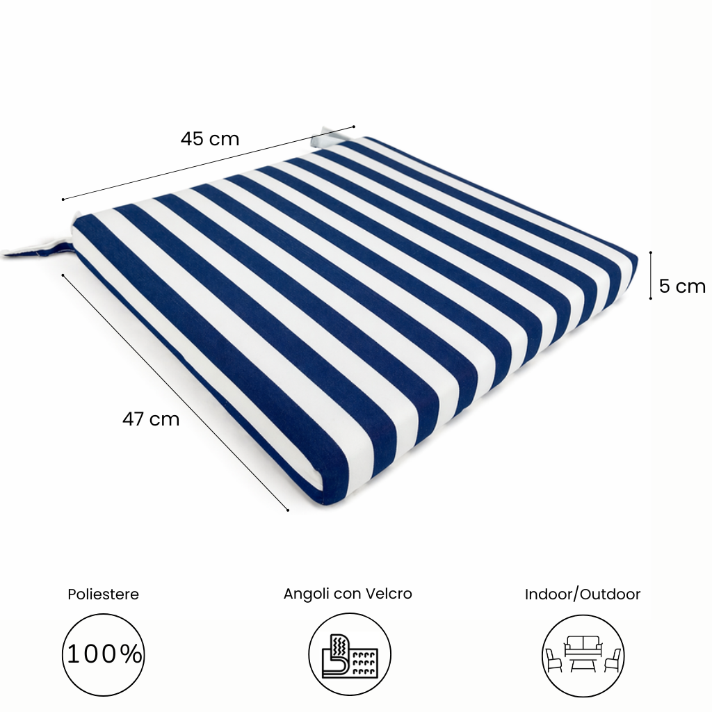 Cuscino seduta per sedia 45x47cm con velcro in poliestere – Blu/Bianco