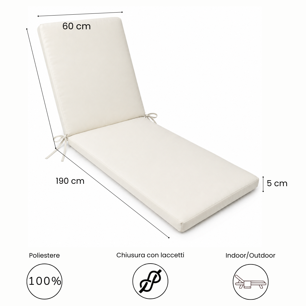 Cuscino per lettino da esterno 190x60 cm con schienale reclinabile e laccetti in poliestere – Avorio