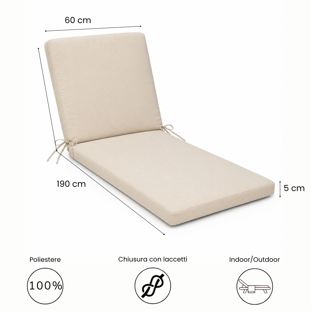 Cuscino per lettino da esterno 190x60 cm con schienale reclinabile e laccetti in poliestere – Beige