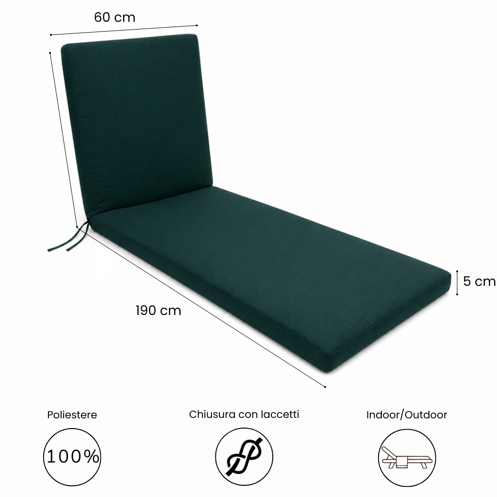 Cuscino per lettino da esterno 190x60 cm con schienale reclinabile e laccetti in poliestere – Verde