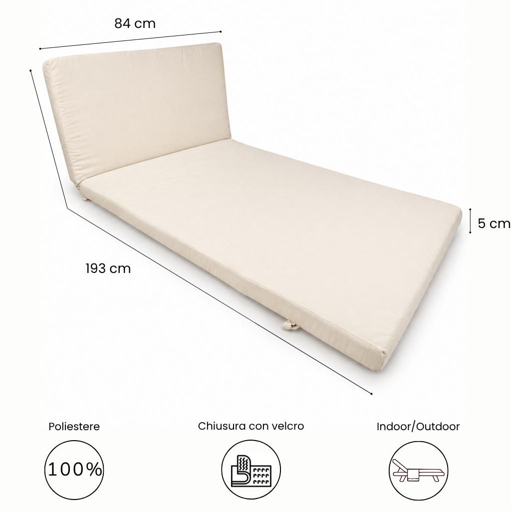 Cuscino per lettino da esterno 193x84 cm con schienale reclinabile e velcro in poliestere – Avorio