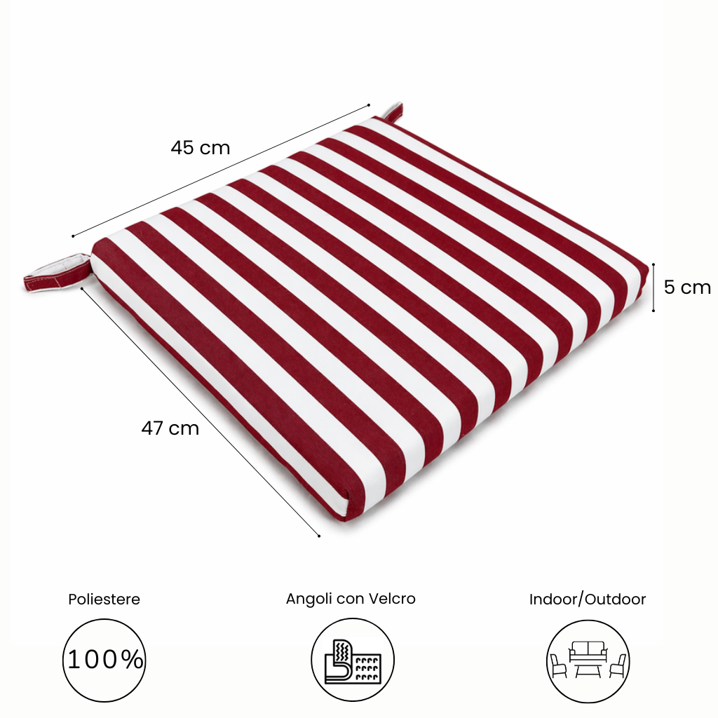 Cuscino seduta per sedia 45x47cm con velcro in poliestere – Bordeaux/Bianco