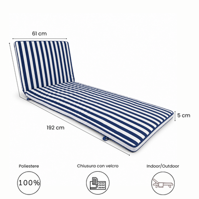 Cuscino per lettino da esterno 192x61 cm a righe con schienale reclinabile e velcro in poliestere – Blu/Bianco