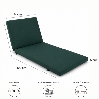 Cuscino per lettino da esterno 192x61 cm con schienale reclinabile e velcro in poliestere – Verde