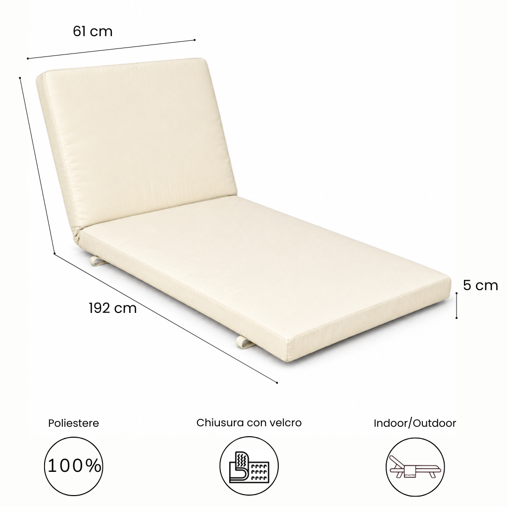 Cuscino per lettino da esterno 192x61 cm con schienale reclinabile e velcro in poliestere – Avorio
