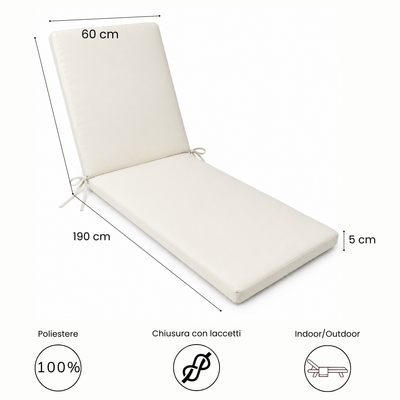 Cuscino per lettino da esterno 190x60 cm con schienale reclinabile e laccetti in poliestere – Avorio