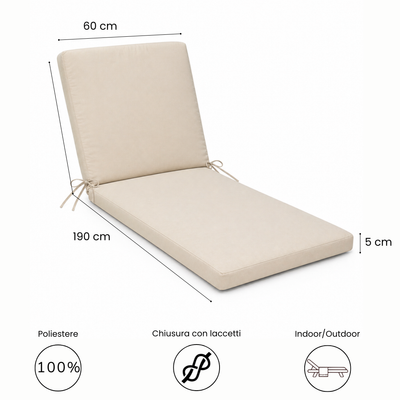 Cuscino per lettino da esterno 190x60 cm con schienale reclinabile e laccetti in poliestere – Beige