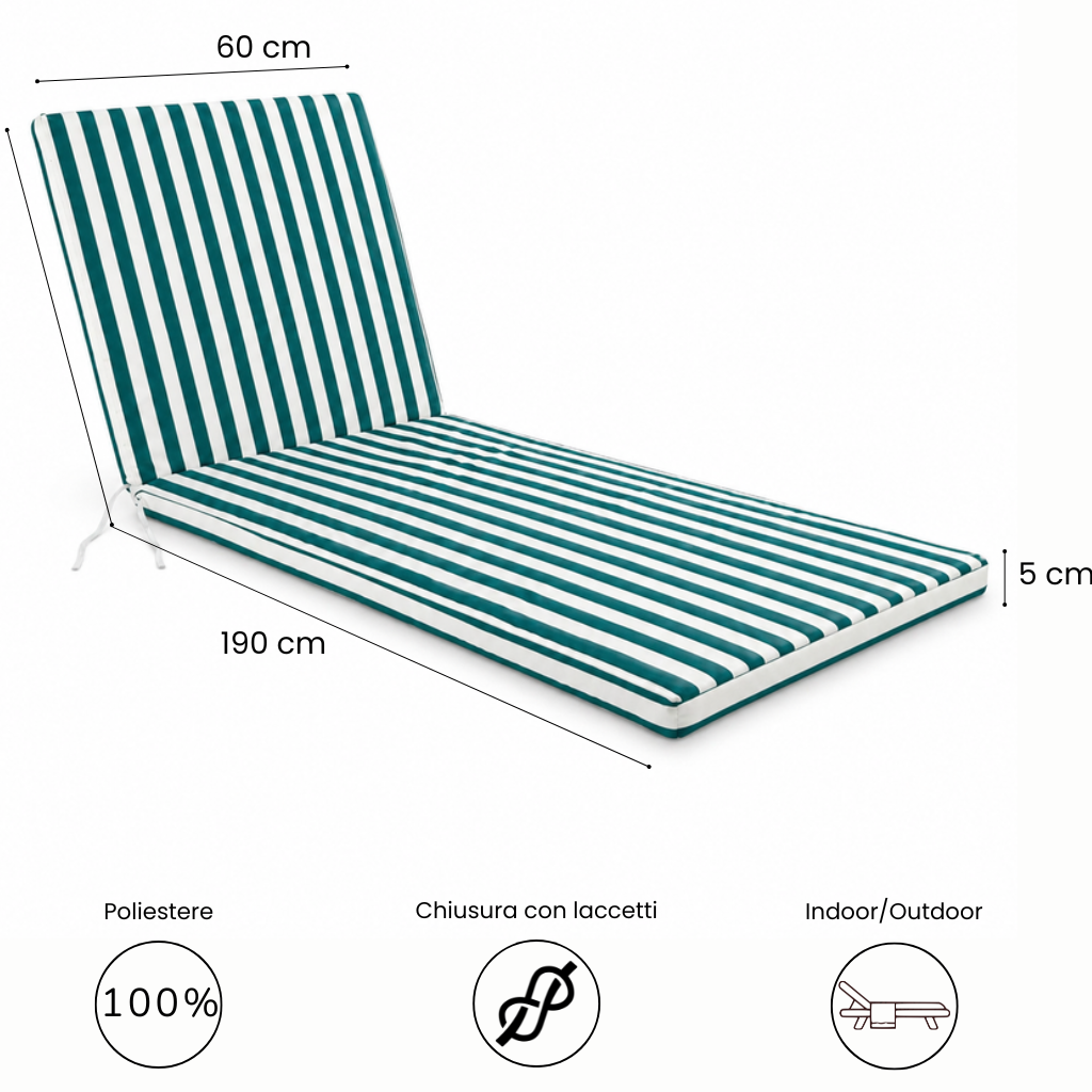 Cuscino per lettino da esterno 190x60 cm a righe con schienale reclinabile e laccetti in poliestere – Verde/Bianco
