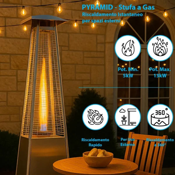 Stufa a gas Pyramid Acciaio Grafica